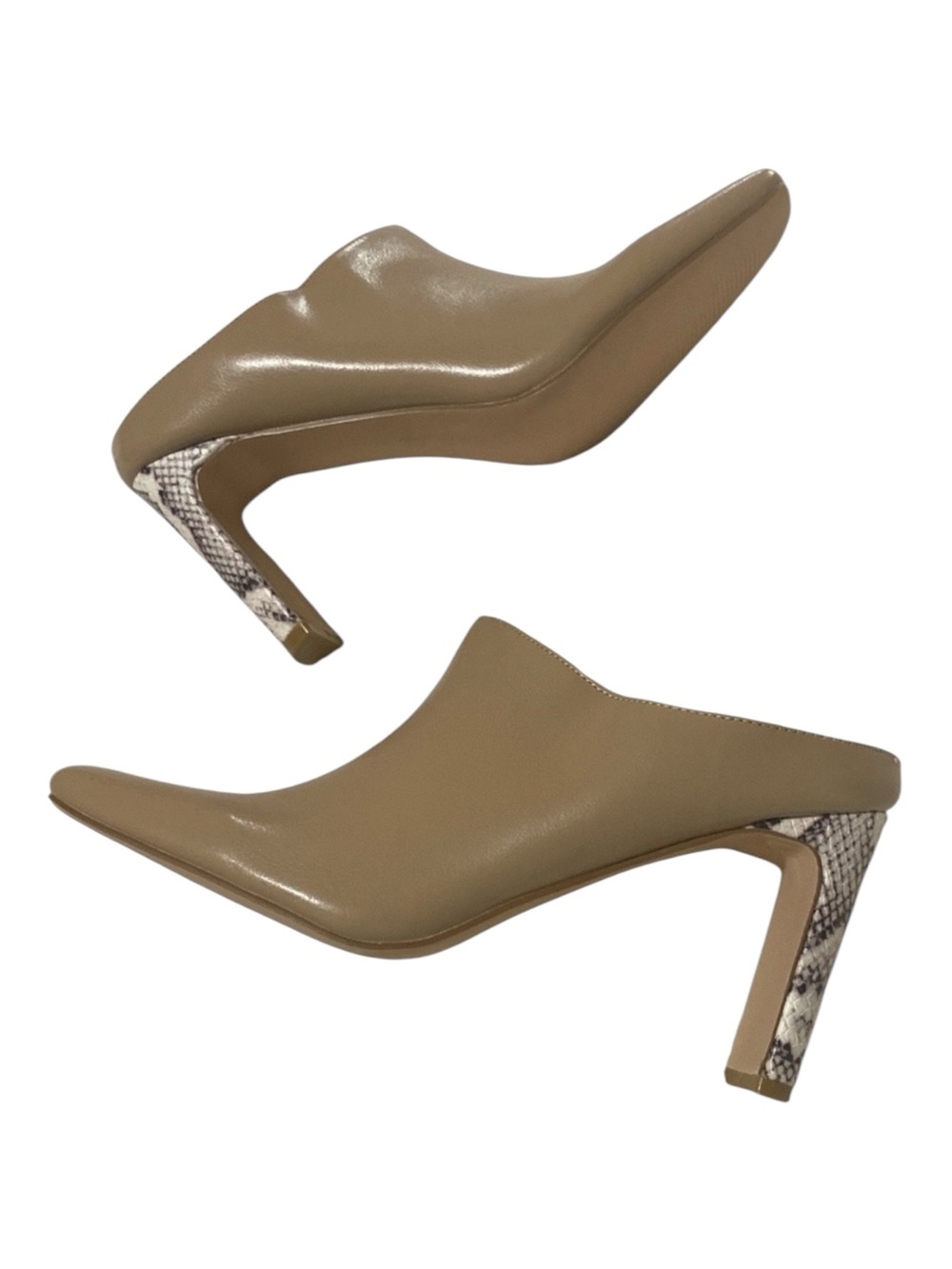 COUTGO Faux Leather Heeled Tan Mules Snake Print Pointed Toe  Size 9.5 NWT …